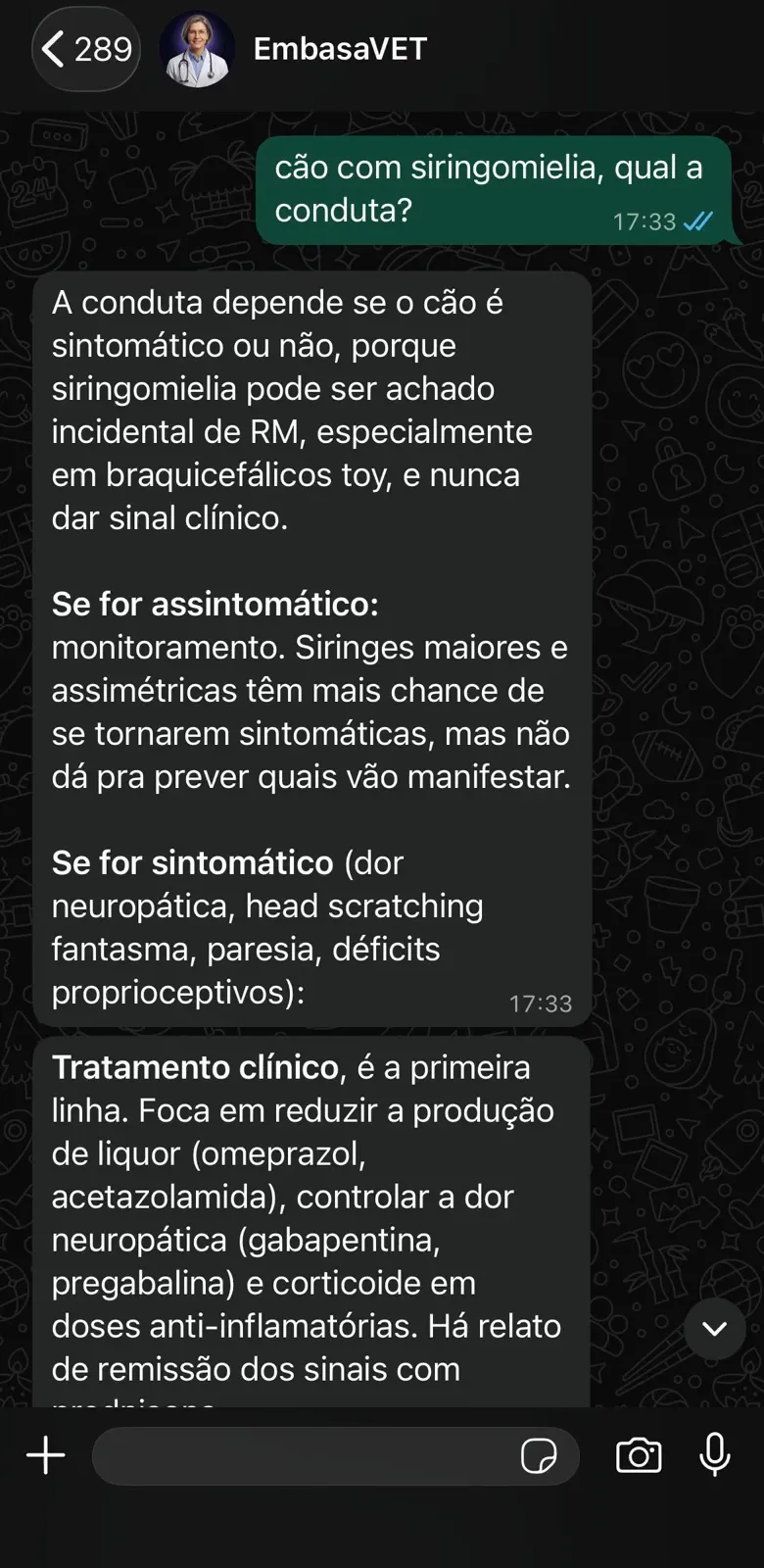 Conversa real no WhatsApp: o EmbasaVET responde a um caso de siringomielia em cão, com a sugestão clínica embasada.