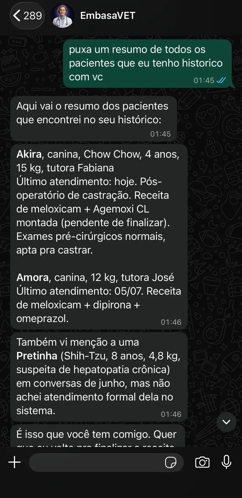 Conversa real no WhatsApp: o EmbasaVET retoma o histórico dos pacientes já atendidos pelo veterinário.